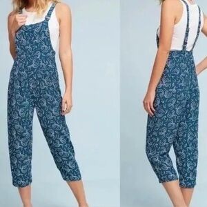 Mauve Blue Floral Print Cropped Overalls